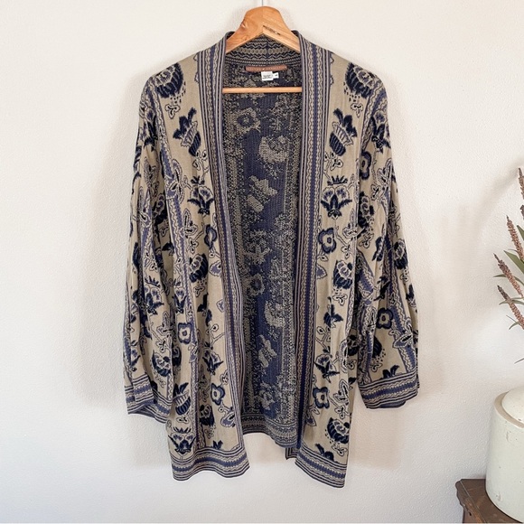 Peruvian Connection | Pima Cotton Blue & Tan Floral Open Front Cardigan - Picture 1 of 9
